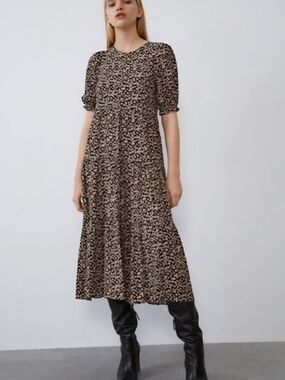 Zara Ditsy Floral Print Tiered Midi Dress, XS